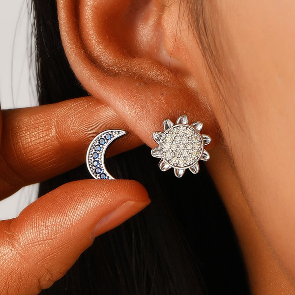 Fashion Sun And Moon Full Diamond Stainless Steel Studs